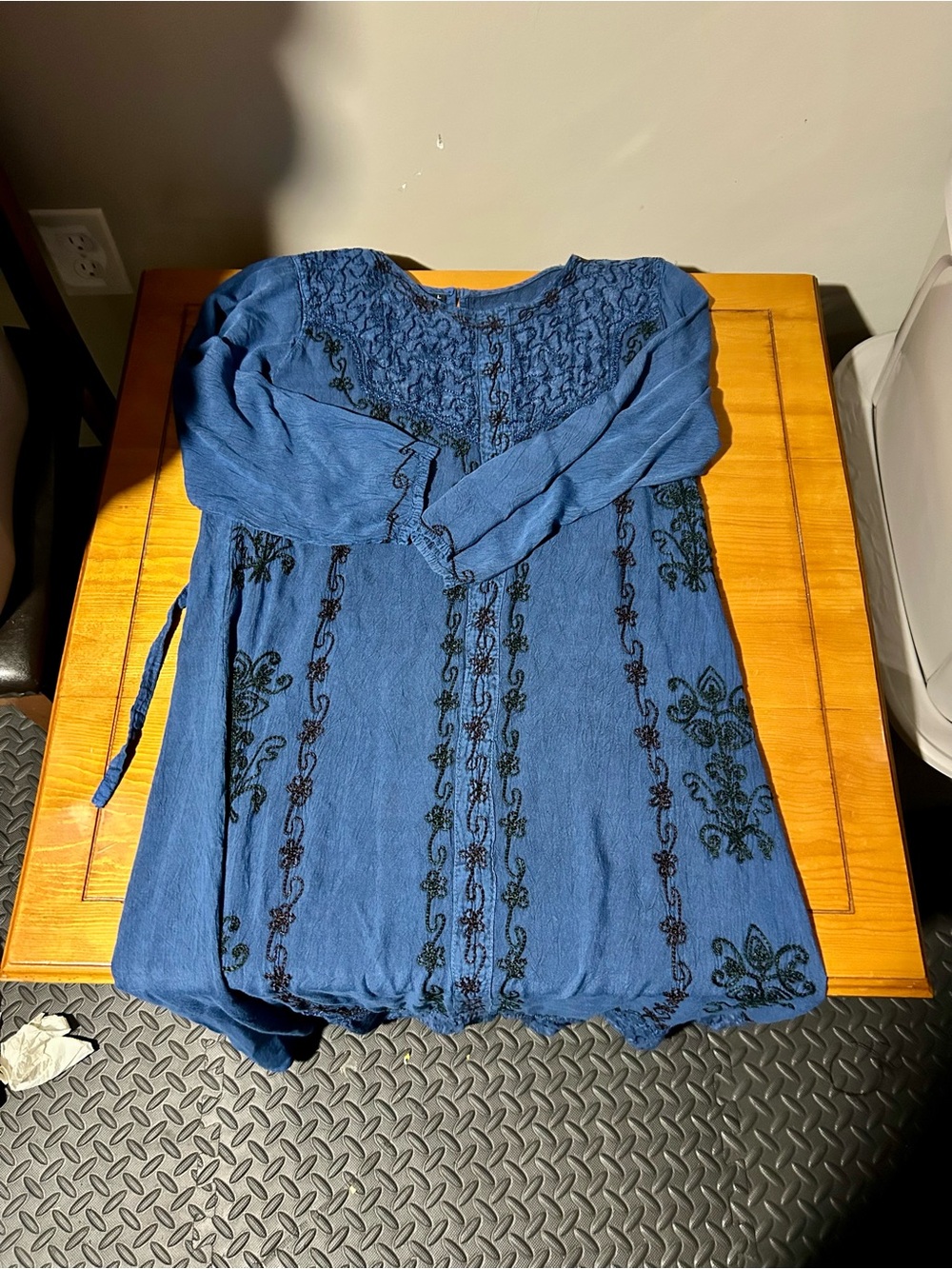 Blue Embroidered Long-Sleeve Women's Dress